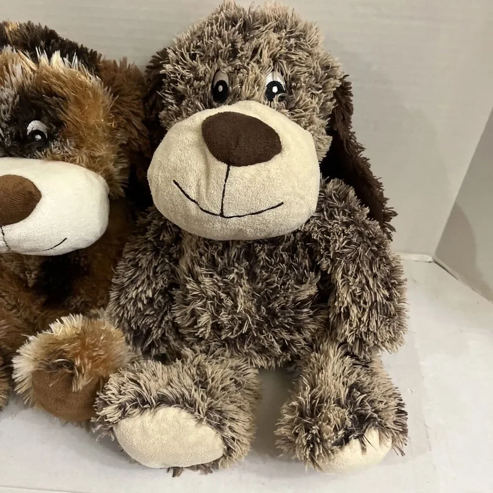 2 Pacific Fluffy Puppy Dog Plush Squeakers Embroidered Eyes Floppy 17” Brown